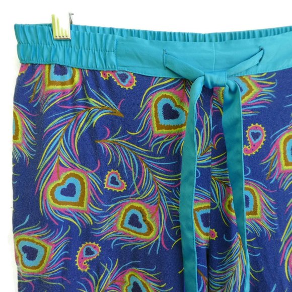 Nick and Nora Pajama Pants Blue Peacock Feather Hearts Drawstring Bottoms S - Picture 5 of 8